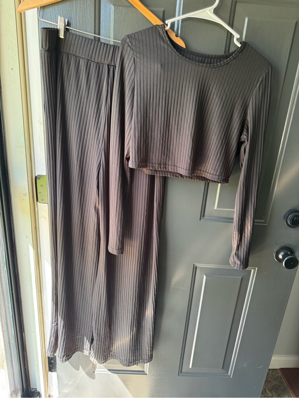 Ribbed Two-Piece Set — Black Cropped Top & Wide Leg Pants